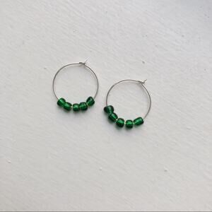 Green beaded silver hoop earrings handmade 20mm